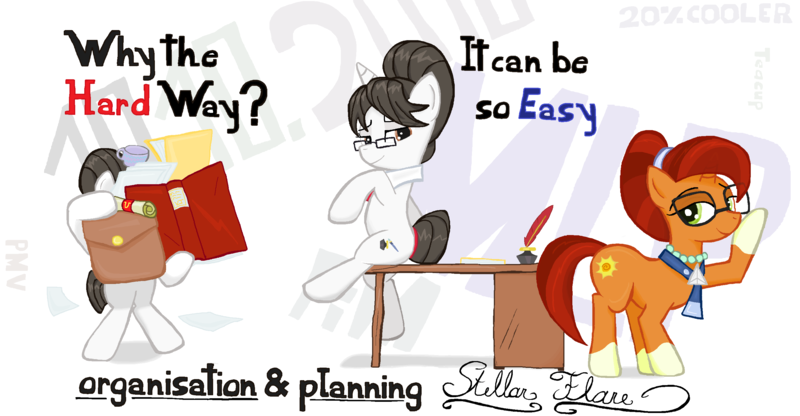 Size: 2924x1522 | Tagged: safe, artist:sallycars, derpibooru import, raven, stellar flare, writing desk, earth pony, pony, unicorn, ascot, female, glasses, hair bun, jewelry, mare, mug, necklace, necktie, office, paperwork, quill, scroll, sitting, socks (coat marking)