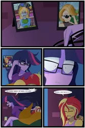 Size: 1500x2250 | Tagged: safe, artist:jase1505, deleted from derpibooru, derpibooru import, sci-twi, sunset shimmer, twilight sparkle, oc, oc:golden hour, oc:stargazer lily, series:sunlight horizons, equestria girls, adult, comic, drool, female, glasses, lesbian, photo, scitwishimmer, shipping, shock, sleeping, sleepy, sunsetsparkle, waking up