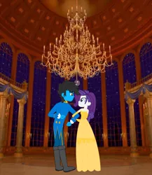 Size: 1804x2076 | Tagged: safe, artist:ds59, derpibooru import, rarity, oc, oc:dragun shot, equestria girls, beauty and the beast, belle, candle, canon x oc, castle, clothes, date, date night, drarity, dress, interior, night, prince adam, stars, suit, tale as old as time