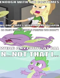 Size: 658x861 | Tagged: suggestive, derpibooru import, edit, edited screencap, editor:undeadponysoldier, screencap, applejack, spike, dragon, bronies react, equestria girls, rainbow rocks, angry, animatedjames, caption, comic, discovery family logo, drums, female, freckles, funny, funny as hell, guitar, image macro, male, musical instrument, nervous, pervespike, reference, screencap comic, text, winged spike, wrong aspect ratio, yelling
