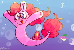 Size: 1237x839 | Tagged: artist:1racat, bubble, cute, derpibooru import, diapinkes, duo, fish, my little pony: the movie, open mouth, pinkie pie, puffer fish, safe, seaponified, seapony (g4), seapony pinkie pie, species swap, spike, spike the pufferfish, that pony sure does love being a seapony, underwater