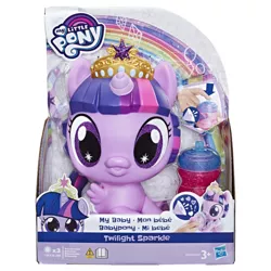 Size: 600x600 | Tagged: safe, derpibooru import, twilight sparkle, twilight sparkle (alicorn), alicorn, pony, rainbow roadtrip, baby, baby pony, babylight sparkle, big crown thingy, big eyes, bottle, crown, element of harmony, element of magic, jewelry, regalia, tiara, toy, younger