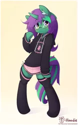 Size: 935x1497 | Tagged: safe, artist:apony, derpibooru import, oc, oc:buggy code, unofficial characters only, pony, semi-anthro, unicorn, arm hooves, bipedal, clothes, cute, female, glasses, hoodie, mare, miniskirt, ocbetes, pleated skirt, skirt, socks, solo, thigh highs, zettai ryouiki
