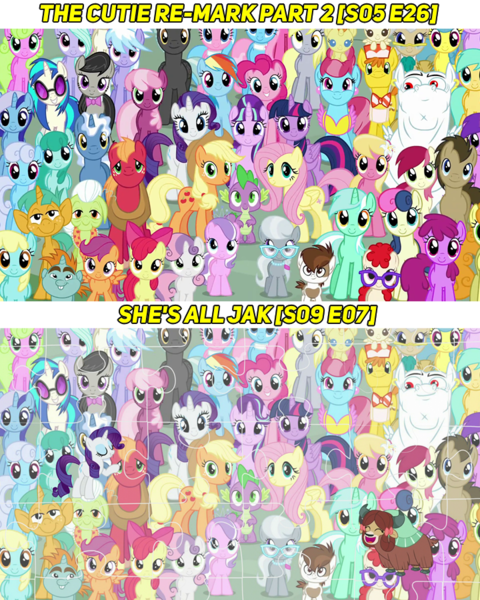 Size: 720x900 | Tagged: safe, derpibooru import, edit, edited screencap, screencap, aloe, amethyst star, apple bloom, applejack, berry punch, berryshine, big macintosh, bon bon, bulk biceps, carrot cake, carrot top, cheerilee, cherry berry, cloudchaser, cup cake, daisy, derpy hooves, diamond tiara, doctor whooves, flitter, flower wishes, fluttershy, golden harvest, granny smith, lemon hearts, lily, lily valley, linky, lotus blossom, lyra heartstrings, mayor mare, minuette, octavia melody, pinkie pie, pipsqueak, pokey pierce, pound cake, pumpkin cake, rainbow dash, rarity, roseluck, sassaflash, scootaloo, sea swirl, seafoam, shoeshine, silver spoon, snails, snips, spike, spring melody, sprinkle medley, starlight glimmer, sunshower raindrops, sweetie belle, sweetie drops, thunderlane, time turner, twilight sparkle, twilight sparkle (alicorn), twinkleshine, twist, vinyl scratch, yona, alicorn, earth pony, pony, yak, she's all yak, the cutie re-mark, captain obvious, colt, cutie mark crusaders, everypony at s5's finale, fit right in, male, mane six, misspelling, puzzle, s5 starlight