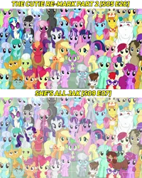 Size: 720x900 | Tagged: safe, derpibooru import, edit, edited screencap, screencap, aloe, amethyst star, apple bloom, applejack, berry punch, berryshine, big macintosh, bon bon, bulk biceps, carrot cake, carrot top, cheerilee, cherry berry, cloudchaser, cup cake, daisy, derpy hooves, diamond tiara, doctor whooves, flitter, flower wishes, fluttershy, golden harvest, granny smith, lemon hearts, lily, lily valley, linky, lotus blossom, lyra heartstrings, mayor mare, minuette, octavia melody, pinkie pie, pipsqueak, pokey pierce, pound cake, pumpkin cake, rainbow dash, rarity, roseluck, sassaflash, scootaloo, sea swirl, seafoam, shoeshine, silver spoon, snails, snips, spike, spring melody, sprinkle medley, starlight glimmer, sunshower raindrops, sweetie belle, sweetie drops, thunderlane, time turner, twilight sparkle, twilight sparkle (alicorn), twinkleshine, twist, vinyl scratch, yona, alicorn, earth pony, pony, yak, she's all yak, the cutie re-mark, captain obvious, colt, cutie mark crusaders, everypony at s5's finale, fit right in, male, mane six, misspelling, puzzle, s5 starlight
