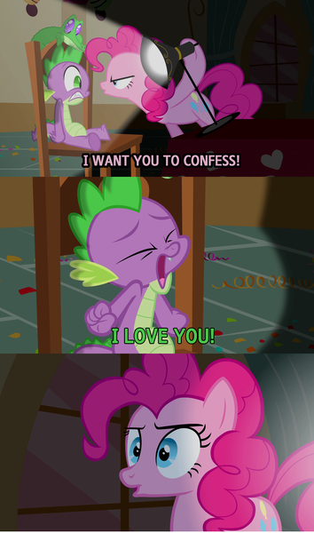 Size: 1908x3232 | Tagged: derpibooru import, edit, edited screencap, female, gummy, interrogation, male, party of one, pinkie pie, pinkiespike, safe, screencap, shipping, spike, spotlight, straight