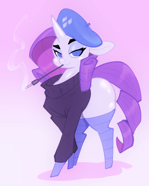 Size: 1335x1664 | Tagged: safe, artist:bigdad, derpibooru import, rarity, pony, unicorn, bedroom eyes, beret, butt, cigarette, cigarette holder, clothes, female, hat, lidded eyes, looking at you, mare, missing cutie mark, mouth hold, plot, smoking, socks, solo, stockings, sweater, thigh highs