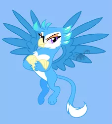 Size: 1731x1905 | Tagged: safe, artist:angexci, derpibooru import, oc, oc:anger parrot, unofficial characters only, gryphon, hybrid, parrot, parrot griffon, blue background, crossed arms, female, griffon oc, simple background, solo, spread wings, wings