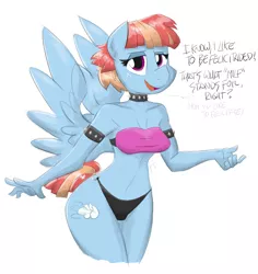 Size: 1300x1379 | Tagged: anthro, artist:flutterthrash, breasts, clothes, derpibooru import, dialogue, female, innocent, milf, panties, solo, solo female, suggestive, underwear, windy whistles, wings