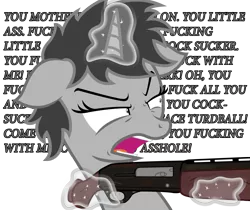 Size: 1287x1080 | Tagged: safe, artist:darkstorm619, derpibooru import, oc, oc:dossier, unofficial characters only, pony, unicorn, fanfic:shadow of equestria, angry, blood and concrete, bust, cluster f-bomb, exclamation point, female, floppy ears, glare, glowing horn, gun, horn, interrobang, levitation, looking back, magic, mare, question mark, shotgun, simple background, solo, speech, swearing, talking, telekinesis, text, transparent background, vulgar, weapon, wide eyes