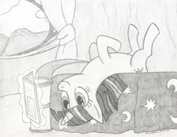 Size: 900x694 | Tagged: safe, artist:peruserofpieces, derpibooru import, twilight sparkle, pony, unicorn, bed, curtains, gift art, glowing horn, golden oaks library, happy, horn, laying on bed, legs in air, lying down, magic, magic aura, on bed, pencil drawing, reading, smiling, traditional art, unicorn twilight, upside down, window