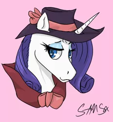 Size: 650x700 | Tagged: safe, artist:samsx22, derpibooru import, rarity, horse, pony, unicorn, bow, bust, clothes, detective rarity, female, hat, hoers, lidded eyes, looking sideways, mare, pink background, simple background, solo
