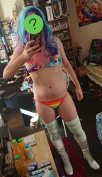 Size: 2600x4504 | Tagged: artist:threetwotwo32232, bikini, boots, breasts, clothes, crossdressing, derpibooru import, exhibitionism, human, human exhibitionism, irl, irl human, male, photo, rainbow dash, rainbow dash bikini, rainbow underwear, shoes, socks, solo, solo male, striped socks, suggestive, swimsuit