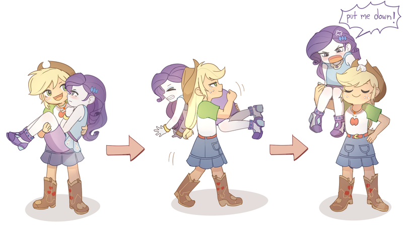 Size: 2500x1400 | Tagged: safe, artist:tcn1205, derpibooru import, applejack, rarity, human, equestria girls, bridal carry, carrying, chibi, cute, female, geode of super strength, humanized, jackabetes, lesbian, lifting, magical geodes, over shoulder, pony coloring, put me down, raribetes, rarijack, rarity is not amused, shipping, strong, tsundere, tsunderity, unamused