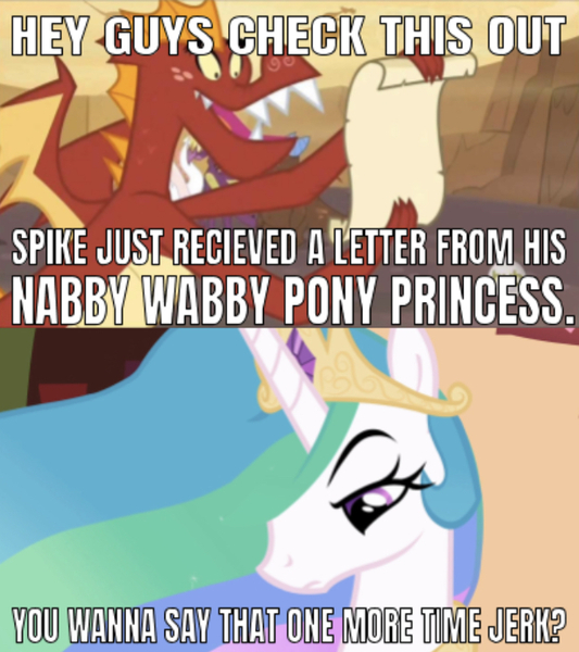 Size: 665x749 | Tagged: safe, derpibooru import, edit, edited screencap, editor:undeadponysoldier, screencap, garble, princess celestia, alicorn, dragon, pony, dragon quest, lesson zero, caption, crown, dragon lands, female, flowing mane, golden oaks library, image macro, insult, jerk, jewelry, mare, meme, payback, regalia, scroll, text, this will not end well