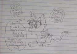 Size: 612x427 | Tagged: alicorn, artist:nightshadowmlp, book, derpibooru import, dialogue, glowing horn, horn, implied cheese sandwich, implied pinkie pie, lined paper, safe, species swap, sphinx, sphinxified, traditional art, twilight sparkle, twilight sparkle (alicorn)