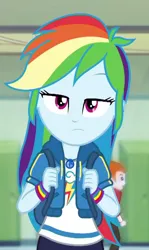 Size: 642x1080 | Tagged: safe, derpibooru import, screencap, heath burns, rainbow dash, equestria girls, equestria girls series, run to break free, spoiler:eqg series (season 2), beautiful, cropped, cute, dashabetes, female, geode of super speed, looking at you, magical geodes, rainbow dash is not amused, sad, sadorable, solo focus, unamused