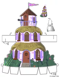 Size: 612x792 | Tagged: safe, derpibooru import, official, pony, arts and crafts, building, bush, craft, dance studio, flag, flower, g2, instructions, my little pony friendship gardens, papercraft, telescope