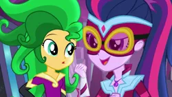 Size: 1280x720 | Tagged: safe, derpibooru import, edit, editor:biggernate91, mane-iac, masked matter-horn, sci-twi, sunset shimmer, twilight sparkle, equestria girls, movie magic, spoiler:eqg specials, clothes, costume, geode of telekinesis, magical geodes, maretropolis, power ponies, shimmercode, thumbnail, youtube, youtube thumbnail