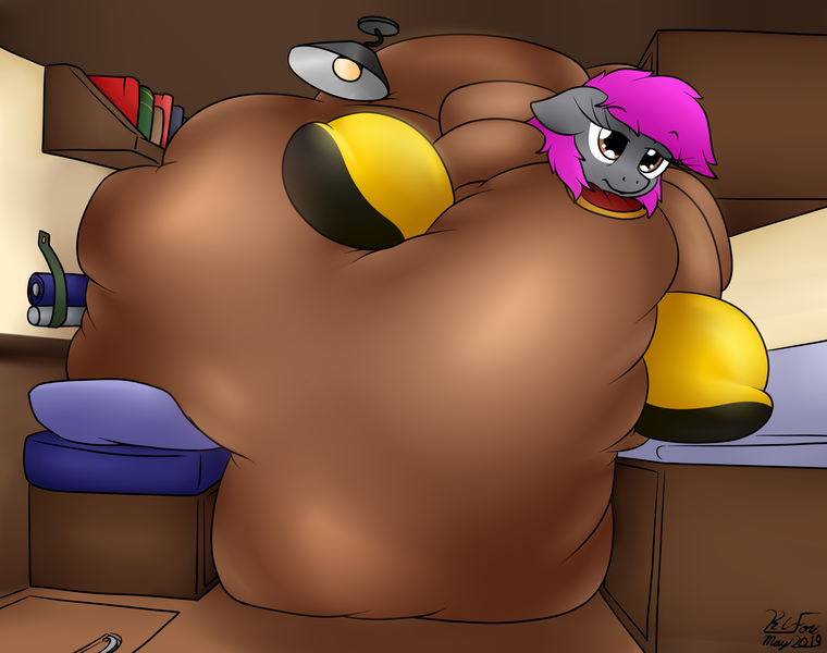 Size: 2399x1895 | Tagged: questionable, artist:the-furry-railfan, derpibooru import, oc, oc:crash dive, unofficial characters only, pegasus, pony, bed, belly, big belly, bookshelf, cabinet, counter, diving suit, galoshes, huge belly, impossibly large belly, inflation, lamp, pillow, squishy, story included, tired, unamused