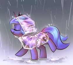 Size: 1200x1080 | Tagged: safe, artist:mirroredsea, derpibooru import, princess luna, alicorn, pony, cloak, clothes, cute, eyes closed, female, filly, gradient background, gray background, lunabetes, missing accessory, parka, poncho, puddle, rain, raincoat, raised hoof, raised leg, s1 luna, simple background, smiling, solo, sweet dreams fuel, walking, woona, younger