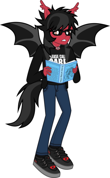 Size: 1833x2975 | Tagged: safe, artist:lightningbolt, derpibooru import, bat pony, human, siren, equestria girls, .svg available, angry, bat wings, book, clandestine industries, clothes, ear fluff, equestria girls-ified, fall out boy, fangs, flying, full body, glasses, glow, holding, humanized, jacket, jeans, jewelry, male, necklace, open mouth, pants, pete wentz, ponied up, pony ears, reading, shirt, shoes, simple background, solo, svg, tailed humanization, transparent background, undershirt, vector, wings