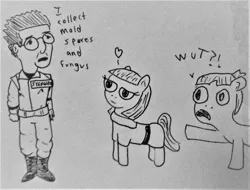 Size: 1623x1236 | Tagged: safe, artist:dex stewart, derpibooru import, maud pie, mudbriar, earth pony, human, pony, egon spengler, ghostbusters, lineart, monochrome, traditional art