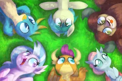Size: 1500x1000 | Tagged: safe, artist:talonsofwater, derpibooru import, gallus, ocellus, sandbar, silverstream, smolder, yona, changedling, changeling, classical hippogriff, dragon, earth pony, gryphon, hippogriff, pony, yak, season 8, spoiler:s08, :3, :p, colored pupils, cross-eyed, cute, dappled sunlight, diaocelles, diastreamies, dragoness, female, gallabetes, grass, hooves to the chest, looking up, lying down, male, on back, open mouth, park, sandabetes, sideways glance, smiling, smolderbetes, stallion, student six, tongue out, yonadorable