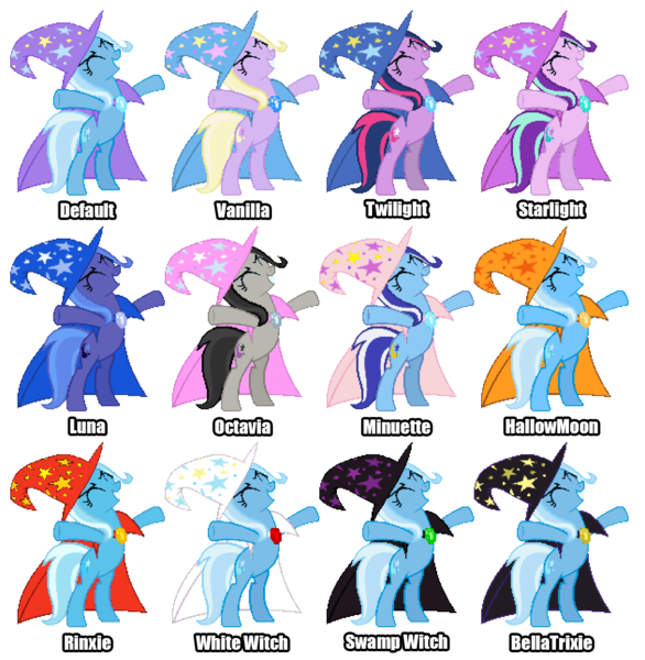 Size: 1260x1290 | Tagged: safe, artist:smhungary, derpibooru import, blossom delight, jasmine tea, minuette, octavia melody, princess luna, starlight glimmer, trixie, twilight sparkle, pony, bella trixie, discworld, hallowmoon, palette swap, recolor, rincewind, rinxie, swamp witch, white witch