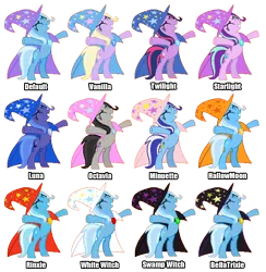 Size: 1260x1290 | Tagged: safe, artist:smhungary, derpibooru import, blossom delight, jasmine tea, minuette, octavia melody, princess luna, starlight glimmer, trixie, twilight sparkle, pony, bella trixie, discworld, hallowmoon, palette swap, recolor, rincewind, rinxie, swamp witch, white witch