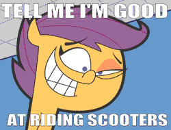 Size: 664x504 | Tagged: safe, derpibooru import, edit, editor:undeadponysoldier, scootaloo, pegasus, pony, animated, creepy, dimmsdale elementary, eye twitch, fairly odd parents, female, filly, funny, just the two of us, meme, tell me i'm pretty, text, the fairly oddparents, trixie tang