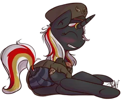 Size: 2042x1705 | Tagged: suggestive, artist:itspencilguy, derpibooru import, edit, editor:steampunk-brony, editor:steamy the brony, oc, oc:velvet remedy, unofficial characters only, pony, unicorn, fallout equestria, fanfic, adorasexy, anus cameltoe, black underwear, blue underwear, blushing, butt, clothes, crotch bulge, cute, dock, eyes closed, fanfic art, female, frilly underwear, grand pegasus enclave, grin, hat, hooves, horn, looking at you, looking back, looking back at you, mare, messy mane, miniskirt, one eye closed, panchira, panties, panty shot, plot, presenting, raised tail, rear view, sexy, side, simple background, skirt, skirt lift, smiling, solo, solo female, striped underwear, tail, the ass was fat, transparent background, underhoof, underwear, uniform, upskirt, wink