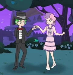 Size: 1620x1676 | Tagged: safe, artist:banquo0, derpibooru import, spike, sweetie belle, human, a canterlot wedding, clothes, dress, female, flower girl, flower girl dress, full body, hat, human spike, humanized, male, marriage, shipping, spikebelle, straight, suit, top hat, tuxedo, waltz, wedding