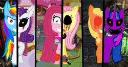 Size: 1731x909 | Tagged: semi-grimdark, artist:rainbow dash is best pony, derpibooru import, applejack, fluttershy, pinkie pie, rainbow dash, rarity, twilight sparkle, twilight sparkle (alicorn), alicorn, earth pony, pegasus, pony, unicorn, fanfic:cupcakes, fanfic:rainbow factory, lil-miss rarity, apple eyes, black sclera, black teeth, blood, carousel botique, creepy twilight, creepypasta, destroyed sweet apple acres, evil, fluttershy's cottage, lil miss rarity, mane six, my little amnesia, pinkamena diane pie, rainbow factory dash, scar, sugarcube corner, wingding eyes