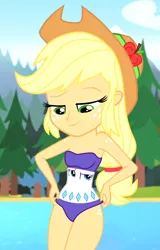 Size: 1004x1572 | Tagged: suggestive, artist:draymanor57, derpibooru import, edit, edited screencap, screencap, applejack, rarity, human, equestria girls, legend of everfree, breasts, clothes, clothing transformation, cropped, female, inanimate tf, smiling, swimsuit edit, transformation