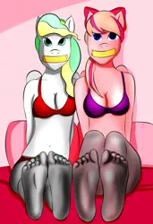 Size: 1614x2353 | Tagged: angel wings, anthro, artist:zombishop, bondage, bow, bra, breasts, cleavage, clothes, derpibooru import, feet, female, fetish, foot fetish, foot focus, gag, hair bow, implied bondage, pantyhose, pegasus, plantigrade anthro, purple underwear, red underwear, soles, suggestive, tape, tape gag, toenails, toes, underwear, vapor trail, we are going to hell