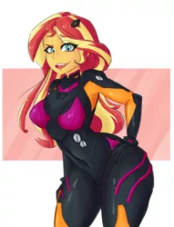 Size: 2527x3302 | Tagged: safe, artist:iyoungsavage, derpibooru import, sunset shimmer, equestria girls, breasts, busty sunset shimmer, female, neon genesis evangelion, plugsuit, smiling, solo