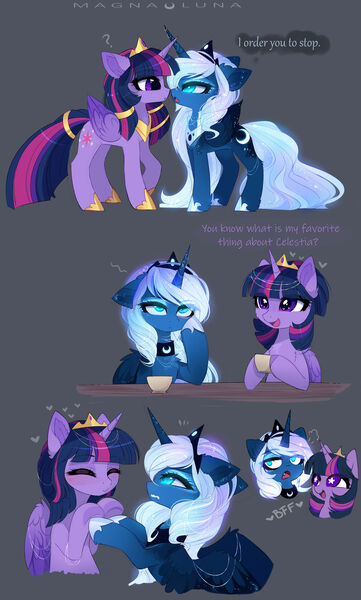 Size: 1920x3191 | Tagged: safe, artist:magnaluna, derpibooru import, princess luna, twilight sparkle, twilight sparkle (alicorn), alicorn, pony, alternate universe, blushing, clothes, crown, cute, duo, duo female, eyes closed, female, implied lesbian, implied shipping, implied twilestia, jewelry, luna is not amused, lunabetes, regalia, shoes, starry eyes, twiabetes, unamused, wingding eyes