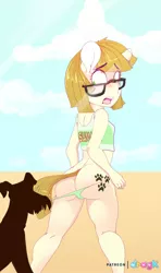 Size: 1336x2257 | Tagged: suggestive, artist:dragk, derpibooru import, ripley, zippoorwhill, anthro, dog, scottish terrier, art pack:summer gals 2018, ass, barely legal, beach, blushing, butt, clothes, coppertone, cute, glasses, open mouth, panties, paw prints, petite, pulling, sand, solo focus, surprised, tongue out, underwear, zippoorbetes