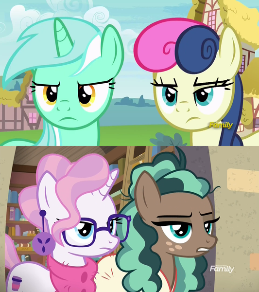 Size: 1920x2160 | Tagged: safe, derpibooru import, screencap, bon bon, lyra heartstrings, minty mocha, raspberry latte, sweetie drops, earth pony, pony, unicorn, the parent map, triple threat, bon bon is not amused, comparison, counterparts, discovery family logo, doppelganger, duo, looking at each other, lyra is not amused, mind blown, not amused face, ponyville, sire's hollow, unamused, what the hay?, wtf