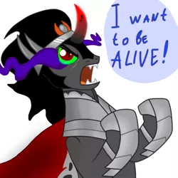 Size: 1000x1000 | Tagged: safe, derpibooru import, king sombra, pony, unicorn, armor, cape, clothes, colored horn, crown, curved horn, denied, dialogue, horn, jewelry, male, regalia, simple background, solo, sombra eyes, sombra's horn, stallion, white background