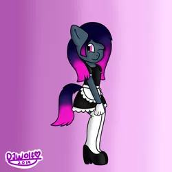 Size: 800x800 | Tagged: safe, artist:djwolf, derpibooru import, oc, oc:sparkbat, anthro, bat pony, clothes, cute, dress, gloves, hand behind back, high heels, maid, moe, ocbetes, one eye closed, shoes, skirt, socks, solo, stockings, thigh highs, wink