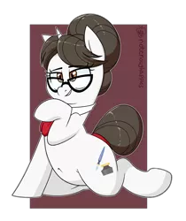 Size: 2100x2500 | Tagged: safe, artist:notenoughapples, derpibooru import, raven, pony, unicorn, belly button, clothes, female, glasses, hair bun, mare, raised hoof, simple background, smiling, solo