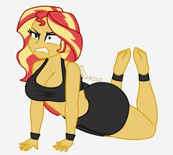 Size: 1900x1700 | Tagged: suggestive, artist:mashoart, derpibooru import, sunset shimmer, equestria girls, ass, barefoot, breasts, bunset shimmer, busty sunset shimmer, butt, cleavage, clothes, exercise, feet, female, large butt, shorts, simple background, solo, sports bra, sports shorts, stretching, struggling, the ass was fat, white background, workout