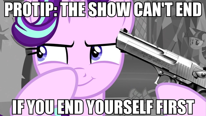 Size: 1920x1080 | Tagged: alicorn, artist:dwk, boop, dark comedy, derpibooru import, desert eagle, discord, edit, edited screencap, end of ponies, final season, gun, handgun, imminent suicide, pistol, screencap, self-boop, semi-grimdark, starlight glimmer, the beginning of the end, totally legit recap, twilight sparkle, twilight sparkle (alicorn), weapon