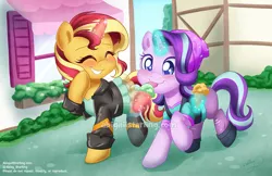 Size: 1280x829 | Tagged: safe, artist:abbystarling, deleted from derpibooru, derpibooru import, starlight glimmer, sunset shimmer, pony, unicorn, equestria girls, mirror magic, spoiler:eqg specials, beanie, blushing, clothes, cute, duo, equestria girls outfit, eyes closed, female, food, glimmerbetes, hat, ice cream, levitation, magic, mare, shimmerbetes, smiling, telekinesis, that pony sure does love ice cream