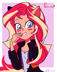 Size: 935x1165 | Tagged: safe, artist:1racat, derpibooru import, sunset shimmer, human, equestria girls, abstract background, blush sticker, blushing, bust, colored pupils, cute, female, ponied up, shimmerbetes, smiling, solo
