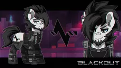 Size: 3840x2160 | Tagged: safe, artist:ciderpunk, derpibooru import, oc, oc:blackout, cyborg, pony, amputee, clothes, cutie mark background, cyberpunk, facial hair, futuristic, prosthetic leg, prosthetic limb, prosthetics, robotic legs, solo