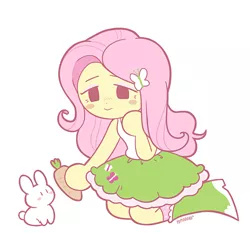 Size: 500x500 | Tagged: safe, artist:baka-baru, derpibooru import, fluttershy, human, rabbit, equestria girls, animal, blush sticker, blushing, carrot, cute, female, food, kneeling, shyabetes, simple background, solo, white background