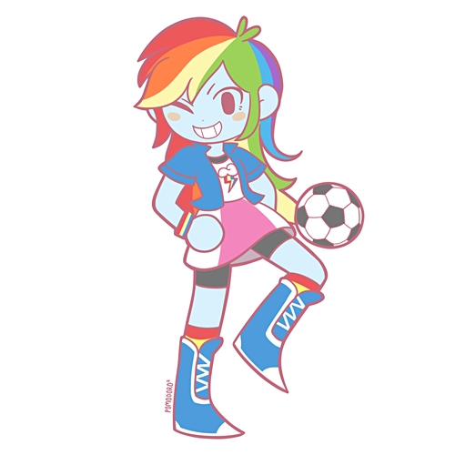 Size: 500x500 | Tagged: safe, artist:baka-baru, derpibooru import, rainbow dash, human, equestria girls, blush sticker, blushing, cute, dashabetes, female, football, one eye closed, simple background, smiling, solo, sports, white background, wink